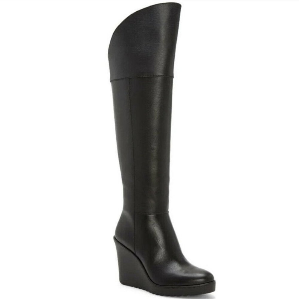 New In Box Rebecca Minkoff Black Lottee Leather Knee High Wedge Boot Size 9.5